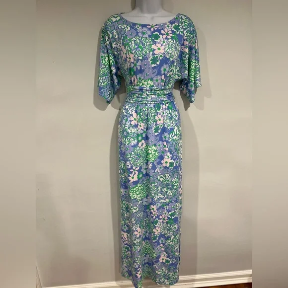 parigi boat neck maxi dress Lilly Pulitzer Womens Parigi Boat Neck Maxi Dress Sunwashed Blue Plumes in Bloom Small at Amazon Women's Clothing store